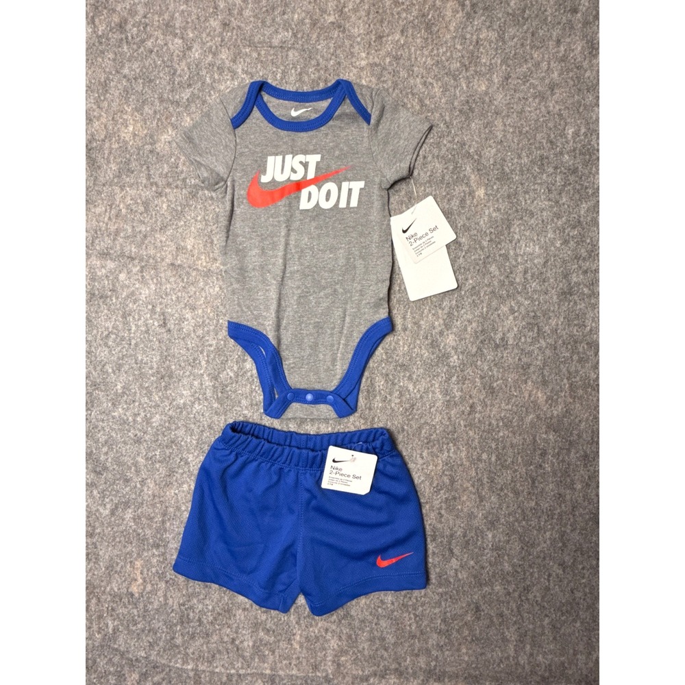 Nike Just Do It 2-Piece Bodysuit and Mesh Short Set 6M Grey Blue NWT